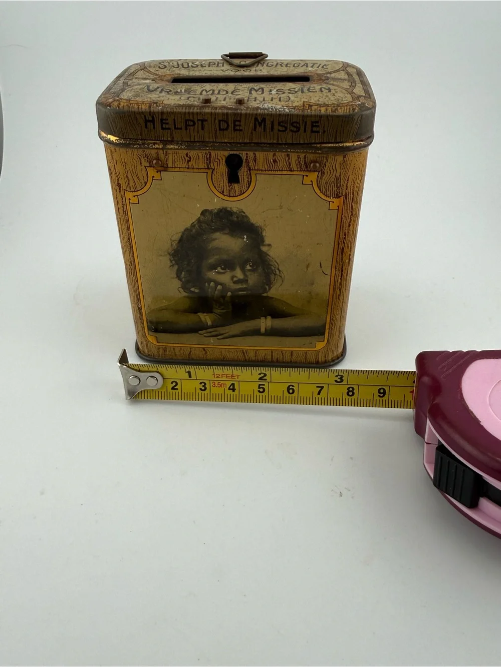 Antique Dutch St Joseph Mission Tin Charity Collection Box Bank 1920s 1930s